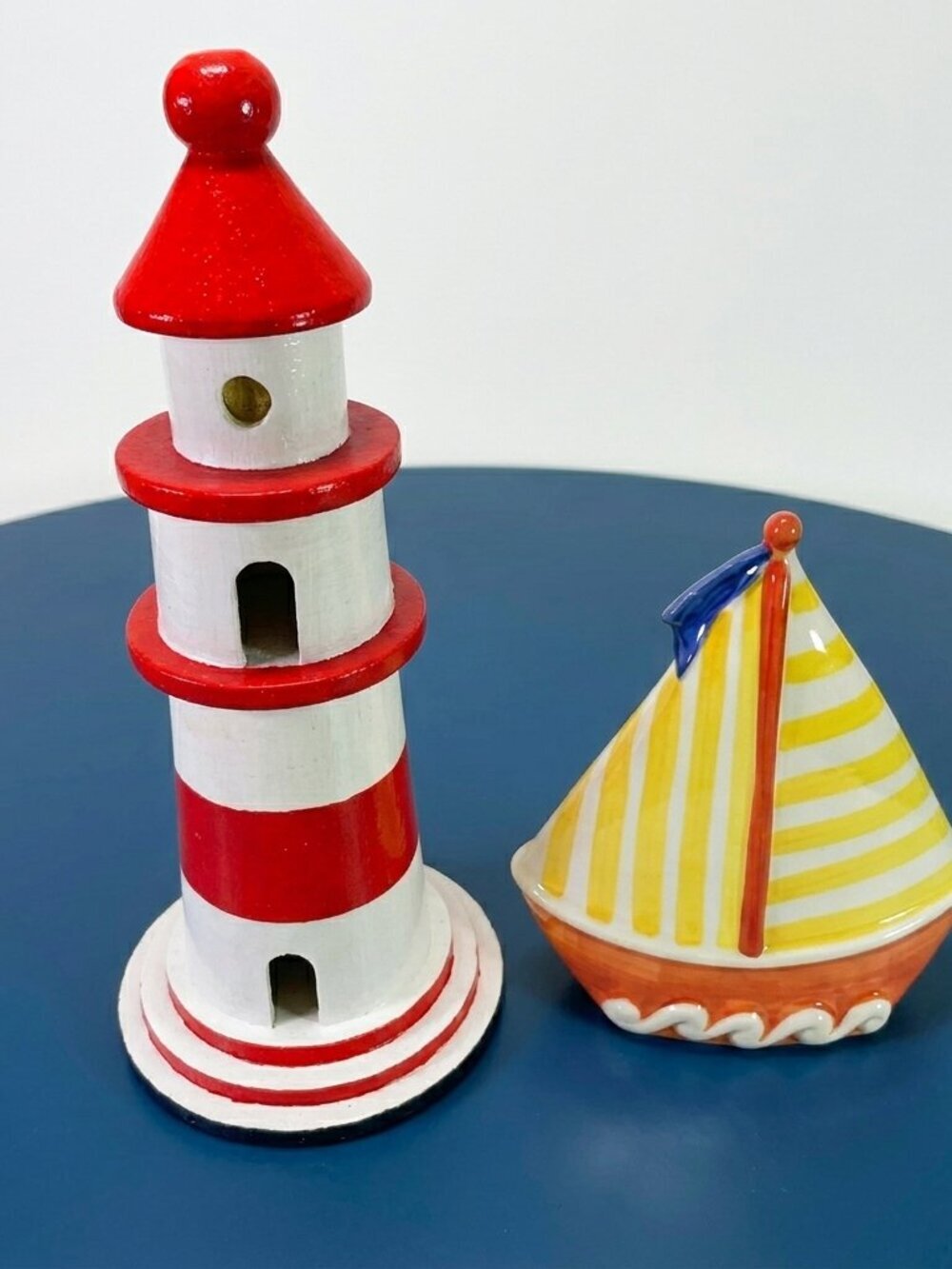 Vintage Sadek Ceramic Striped Sailboat Bank & Red White Lighthouse Decor Bundle
